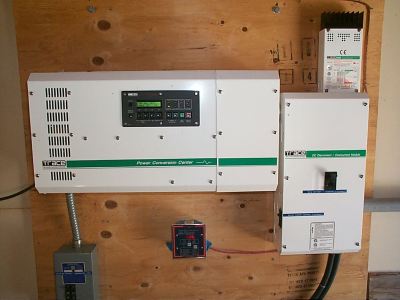 Additional components include a Trace 3000 inverter, a Backwoods solar charge unit and (2) Trimetric meters.